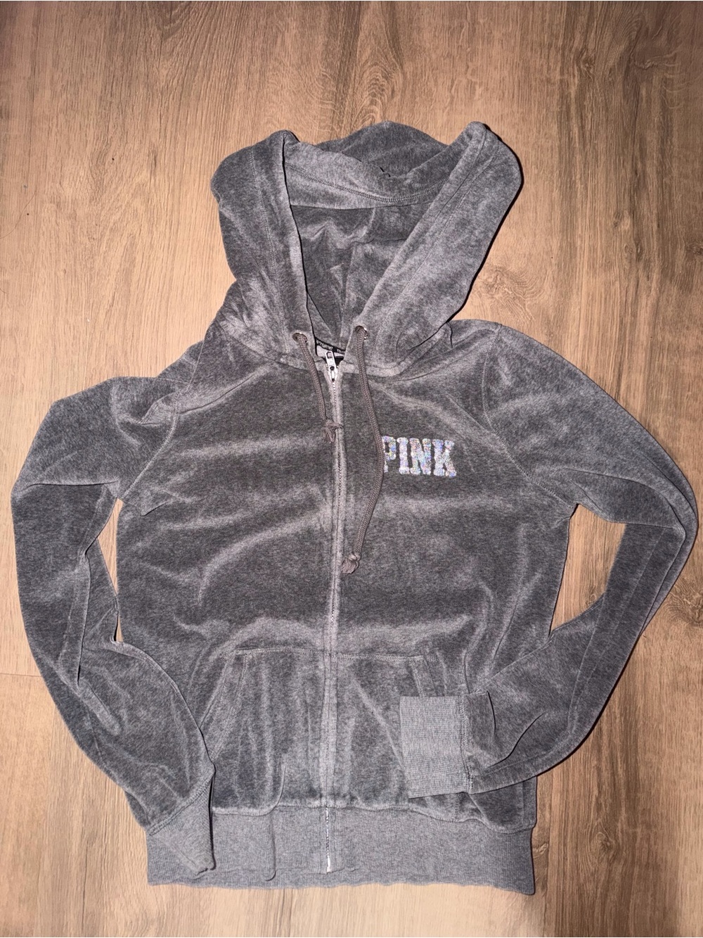 Y2K PINK Victoria's Secret Gray Velour Zip Hoodie with Logo